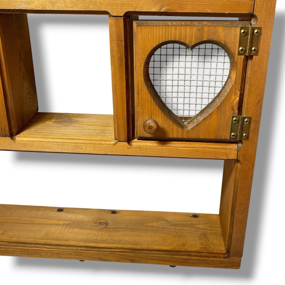 Cottagecore Rustic Primitive Wooden Heart Wall Cabinet Shelf Chicken Wire Doors - Picture 5 of 16